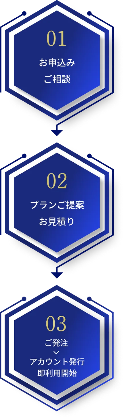 01.お申込み ご相談　02.プランご提案 お見積り　03.ご発注 ＞ アカウント発行 即利用開始
